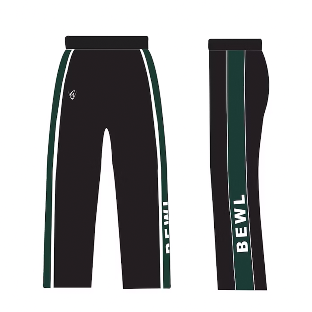 A pair of black tracksuit bottoms with green stripes and the logo 'BEWL' on the right leg.